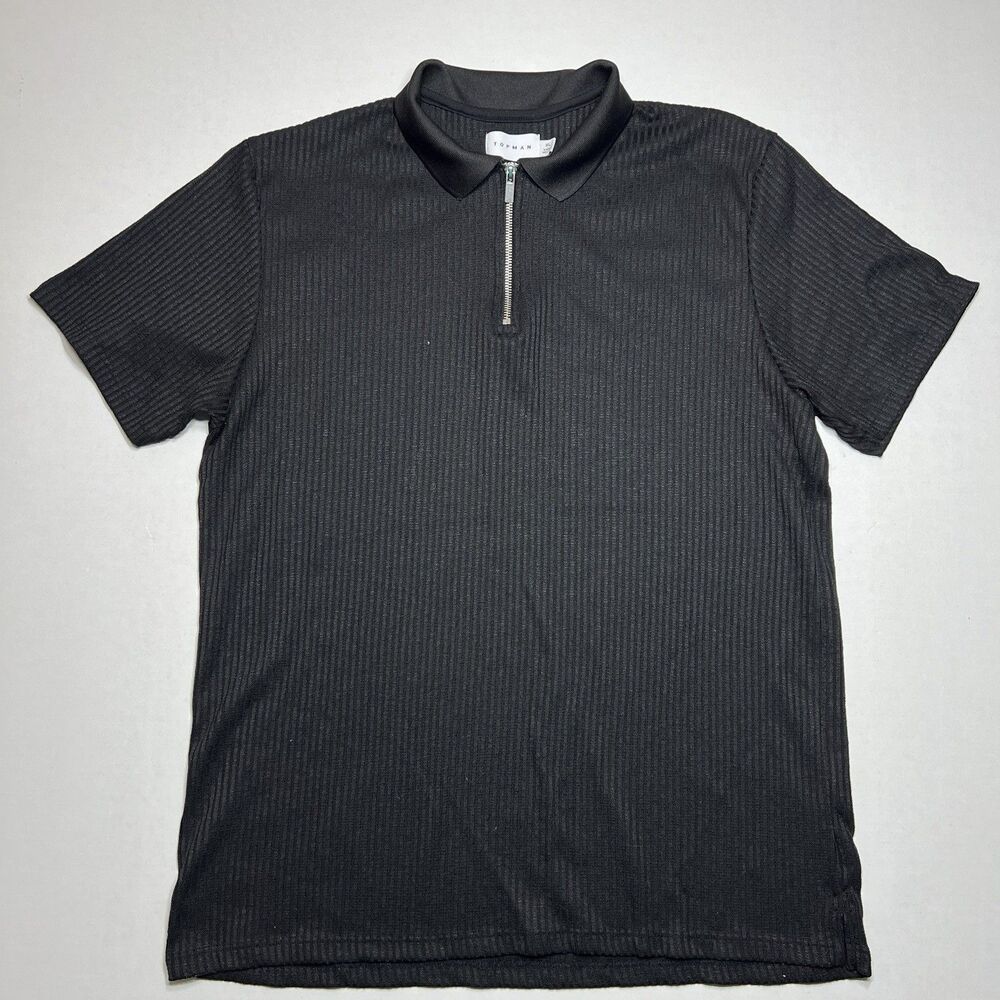 Topman Ribbed Knit Quarter-Zip Men’s Polo Shirt Black Size XL